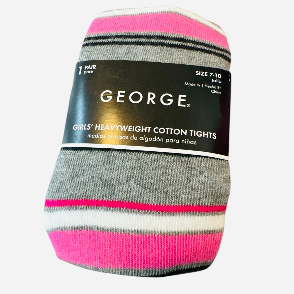 George Girls Pink Grey White Striped Heavyweight Cotton Tights Size 7-10 NWT